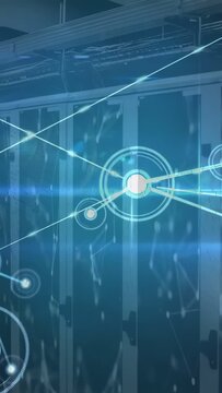 Vertical video: Animated network central hub activating, pulsing rings sending beams to link nodes