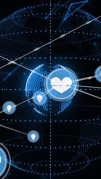 Vertical video: Central heart HUD appearing, pulsing, sending lines forming global network