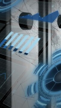 Vertical video: Metal panel receiving data, showing technology HUD visualizing dial, bars, network