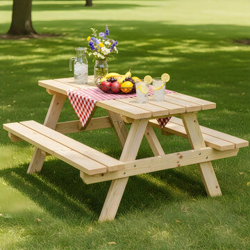 Charming picnic table set in a lush green outdoor garden with a cozy setup