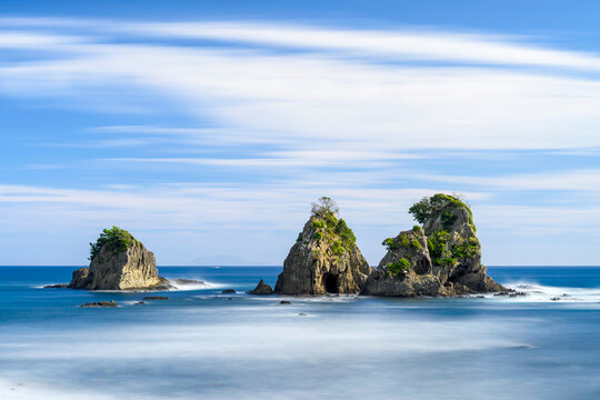 Long exposure of sea stacks in the water, Shizuoka, Japan