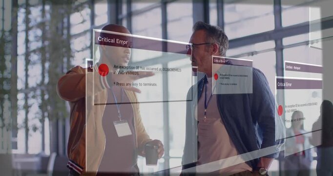 Two men talking at tech event critical alerts showing left pointing right leaning addressing error