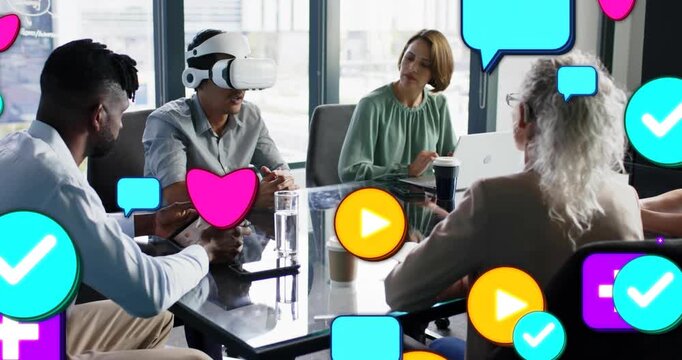 Pointing VR user guiding team through product demo while bright icons rising and filling frame