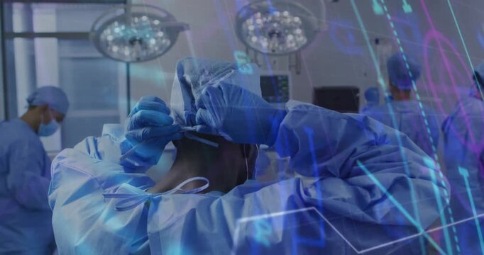 Surgeon putting on cap and tying mask, team prepping for surgery, blue overlay emerging over team