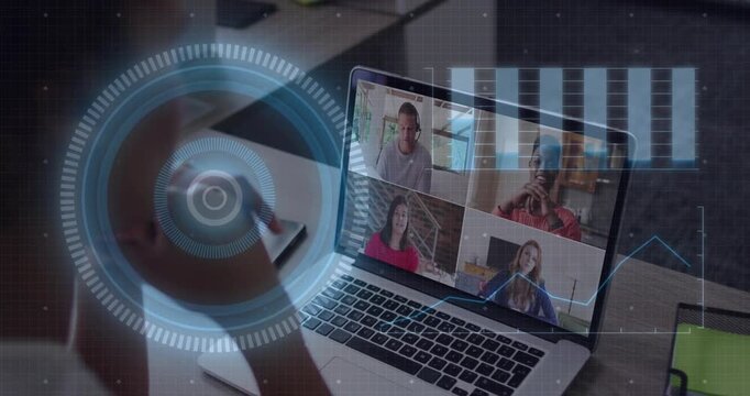 Vertical video: HUD pulsing, woman in casual top noting at laptop on group call, green phone