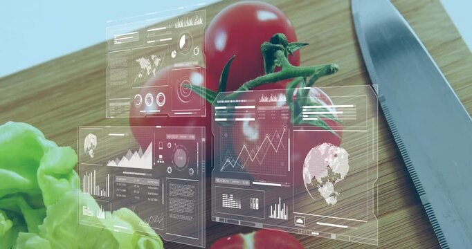 Vertical video: Panels appearing over tomato on board, shifting to lettuce, showing charts for food