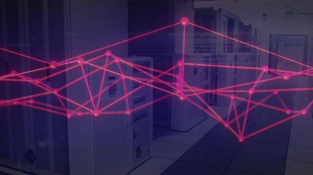 Magenta mesh brightening on activity spike shifting pulsing over racks showing network activity