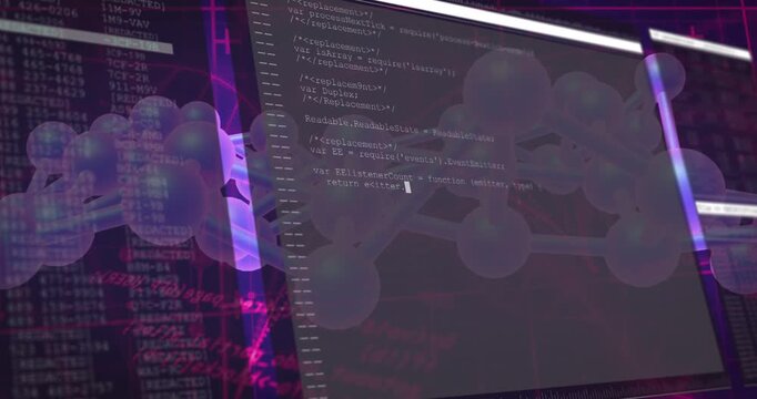 Code editor panel sliding in, revealing JS code, overlaying purple molecule for tech data analysis