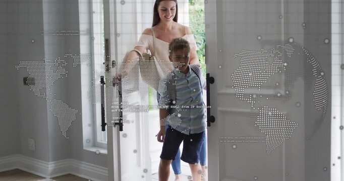 Mom opening door and guiding boy wearing pack into home, tech overlay covering doorway and figures