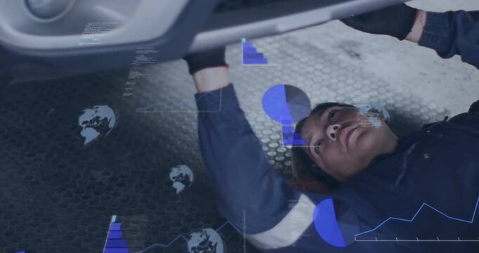 Female automotive tech lying under vehicle, scan activating blue charts guiding alignment checks