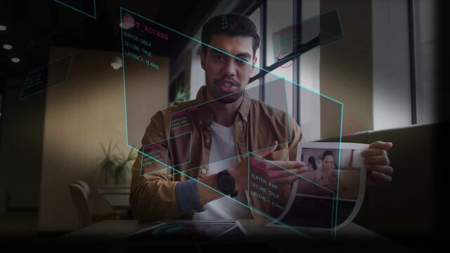 Man holding printed portrait while teal AR panels appearing, aligning, demonstrating portrait data