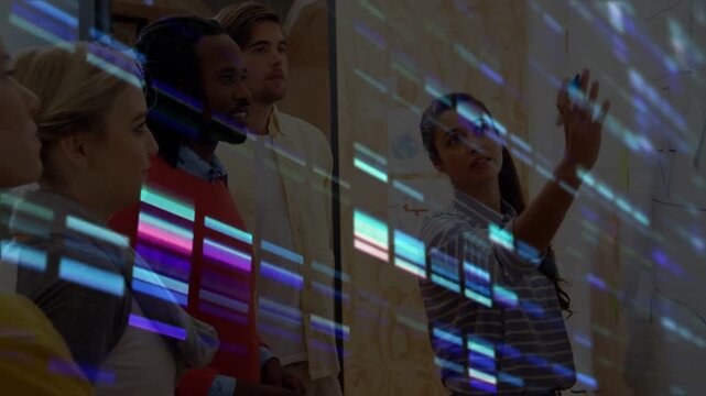 Woman leading raising arm and marking board during business brainstorm while colored bars occluding