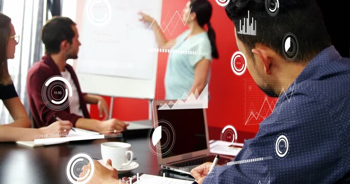 Woman presenting at flipchart initiating data overlays, right man taking notes for business review