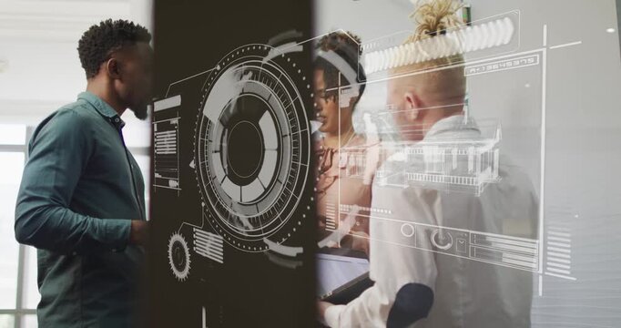 Vertical video: Team meeting woman tapping tablet HUD appearing on glass laptop, folder for design