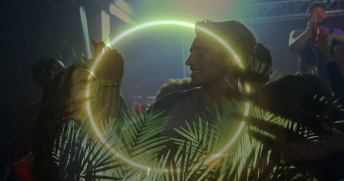 MC singing starting neon ring palm pattern sweeping framing central man two women for music event