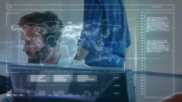 Camera panning shifting focus male agent team handling calls world map data overlay guiding support