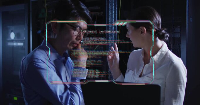 Vertical video: HUD glitching, IT pros in button-up shirts fixing laptop and racks in server room