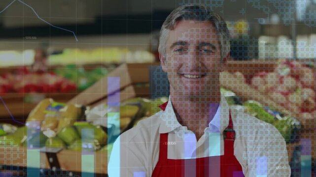 Grocery clerk engaging camera, shifting forward to thumbs-up as charts showing sales over produce