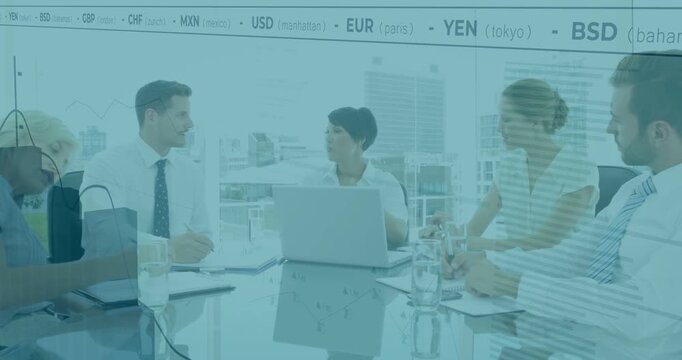 Vertical video: Leaning man speaking, lead replying while team in suits discussing ticker in office