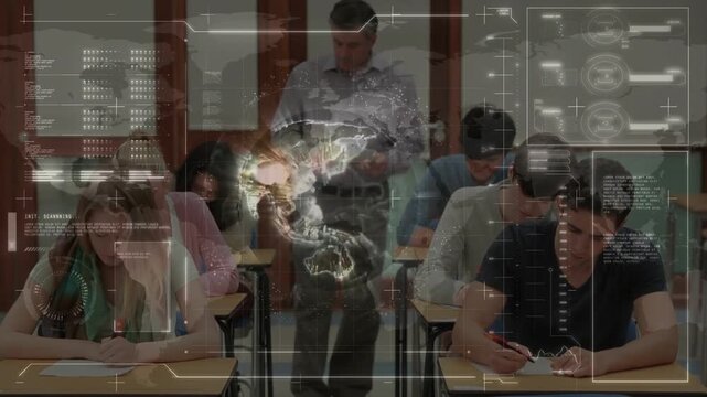 Teacher walking aisle checking papers triggers globe HUD drifting over desks overseeing school exam