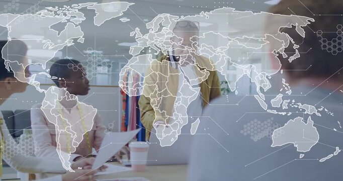 Vertical video: Presenter starting discussion using laptop and planning design, map overlay growing