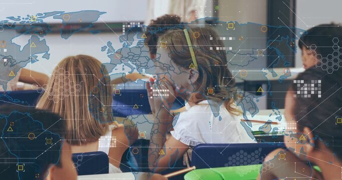 Girl with yellow band turning and whispering, avoiding class interruption, HUD overlay intensifying
