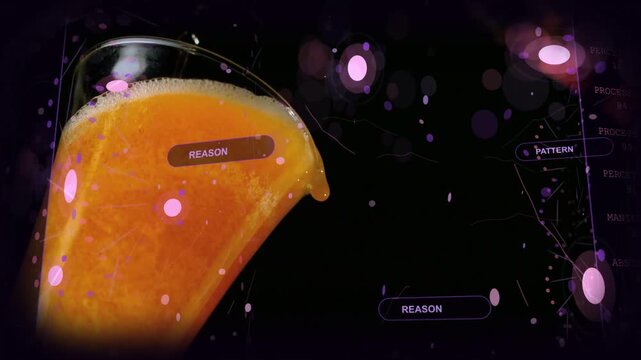 Vertical video: Tilted glass forming droplet from lip bump, syncing HUD pattern metrics for tech