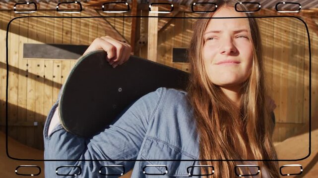 Woman opening eyes and adjusting deck grip, smiling to offcam cue, film-strip overlay moving, skate