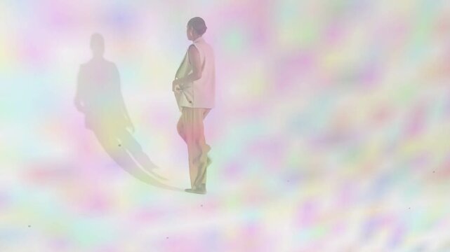 Female model walking across white cyc, starting pastel haze and touching shadow posing for fashion