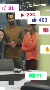 Vertical video: Tech team reviewing prototype on laptop, sticky blur revealing alerts for reach