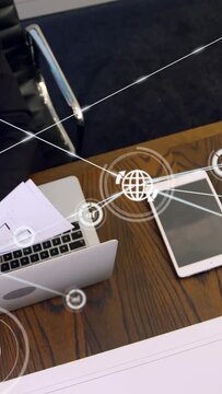 Vertical video: AR appearing business mgr placing stack checking files linking tablet PC for prep