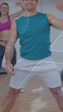 Vertical video: Male coach cueing fitness class, leading bends with data overlays guiding posture