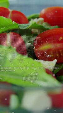 Vertical video: Salad bowl, camera racking to tomato, map code scrolling over bowl for marketing