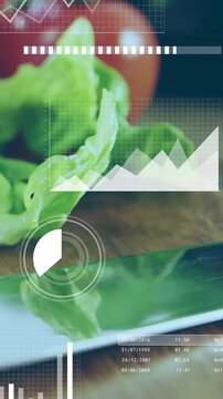 Vertical video: Cam shifting over board zooming lettuce, HUD charts,timers updating for food prep