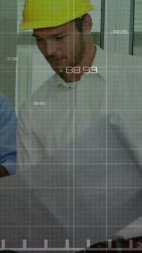 Vertical video: Manager wearing helmet reviewing site plan after tap, AR grid confirming green tick