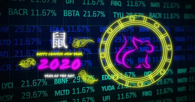 Animation of chinese new year text and financial data processing