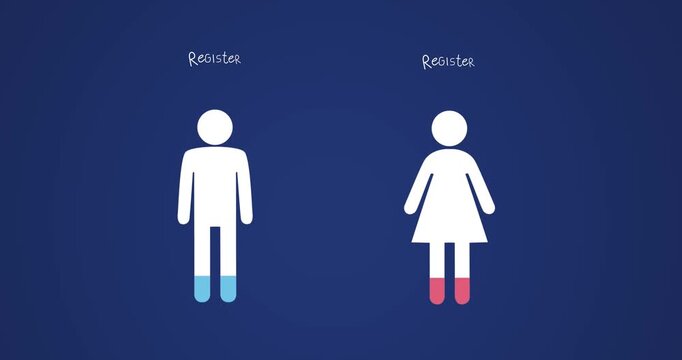 Animation of register now text, man and woman pictograms filling with colour on blue background