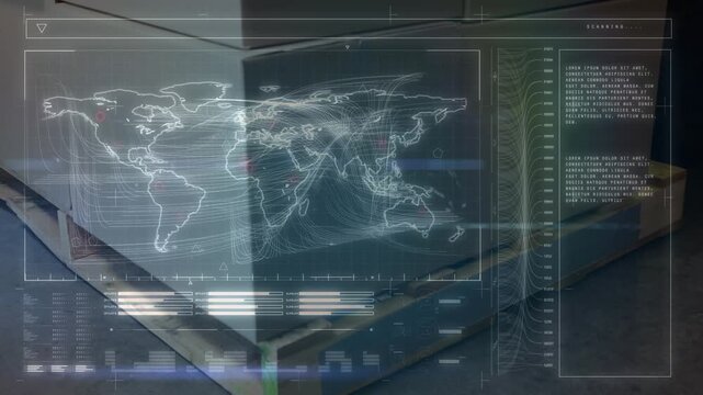 Animation of data processing and world map over packages in warehouse