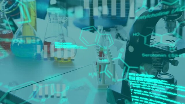 Animation of data processing and chemical formula over lab
