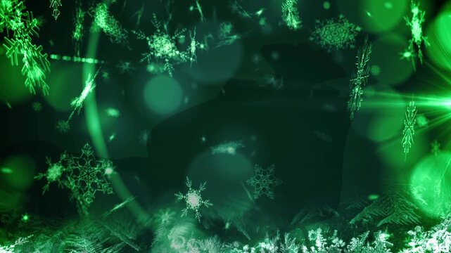 Animation of snow falling and light spots at christmas on black background