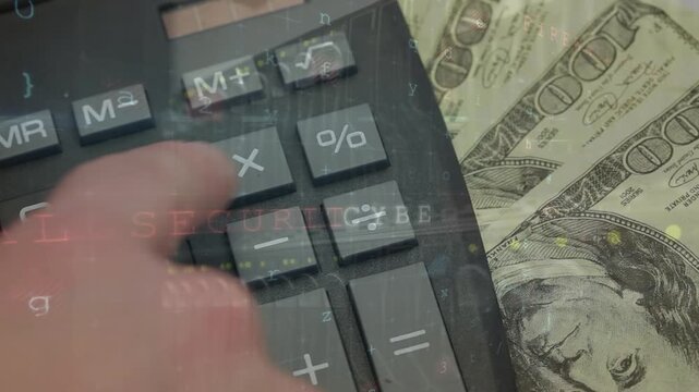 Animation of data processing over calculator and banknotes
