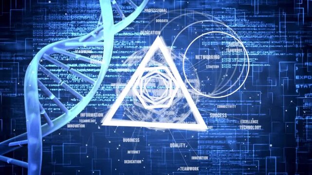 Animation of dna, hexagons and data processing on blue background