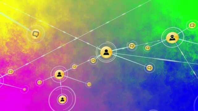 Animation of network of connections with people icons over colour smoke background