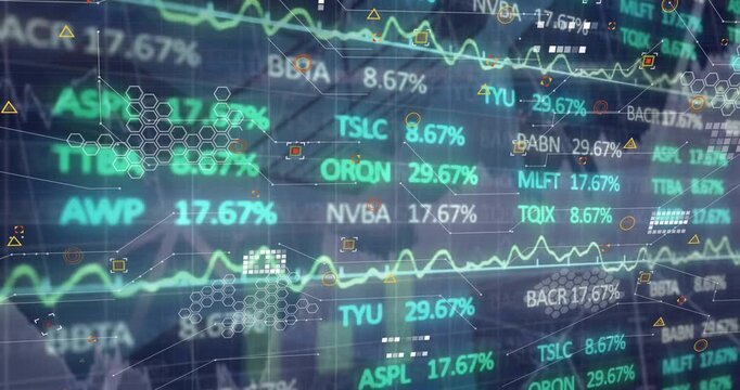 Animation of financial data processing and statistics on black background