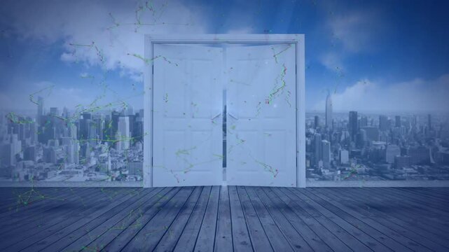 The door opens to reveal a cityscape, with a moving wave pattern on the alpha channel