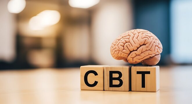Brain model atop wooden blocks spelling CBT, symbolizing cognitive behavioral therapy