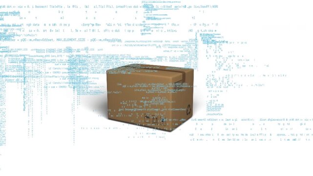 Animation of computer language and cardboard box over white background