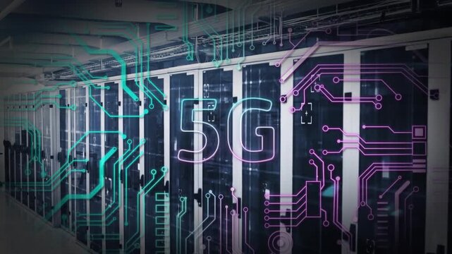 Animation of 5g text and digital data processing over computer servers