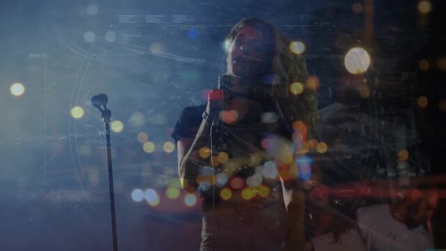 Animation of light spots and city over woman singing