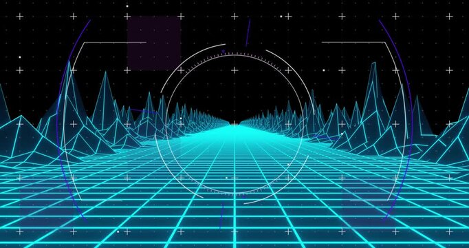 Animation of scope scanning over digital mountains on black background